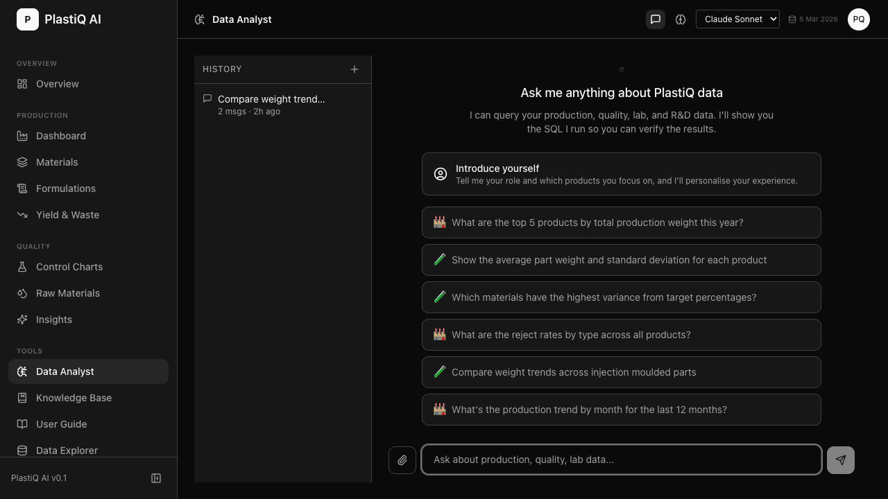 AI Data Analyst asking questions about manufacturing data in plain English